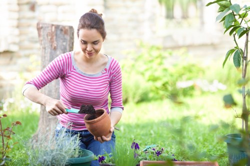 A woman with dark hair tied back, wearing a pink and grey striped long-sleeve shirt, is gardening outdoors in a lush green garden. She is holding an unglazed terracotta flowerpot with dark soil inside in her left hand and using a small trowel with her right hand to scoop soil into the pot. The garden features a well-maintained lawn with vibrant green grass, potted plants including purple flowering plants in the foreground, and a background with trees, a garden wall, and a tree stump. The scene appears to be in bright daylight with mild weather, indicative of Spring or Summer, supporting gardening activities typical of residential outdoor spaces near Barnes, London, as part of professional garden and hedge maintenance services offered by Hedge Trimming Barnes.